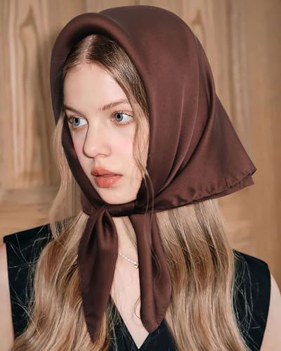 AWAYTR 27.5” Square Satin Head Scarf Hair Scarf for Women's Hair Silk Bandana for Women Silk Head Wrap for Sleeping - color: Coffee Brown