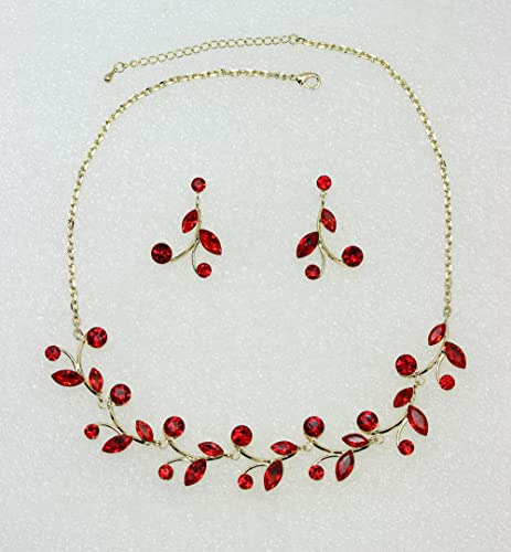 Faship Gorgeous Rhinestone Crystal Floral Necklace Earrings Set - color: Red / Gold plated