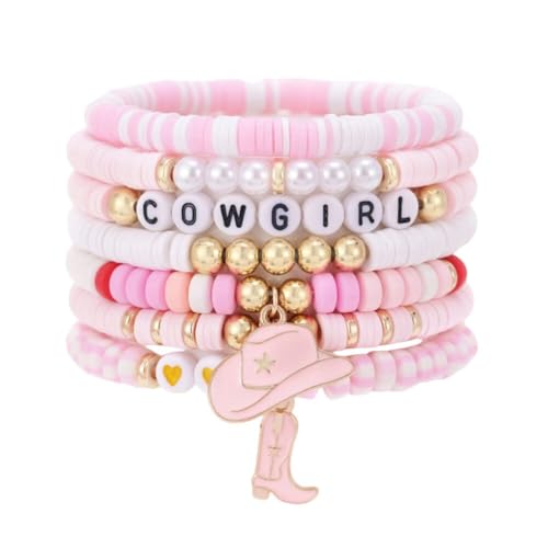 Fuqimanman2020 Boho Western Cowgirl Howdy Stackable Beaded Bracelet Set for Women Western Country Hat Boot Charms Polymer Clay Beads Bracelets Country Concert Rodeo Jewelry Gift - color: Style 1 Pink(A)