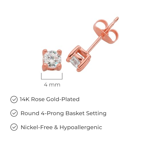 Amazon Essentials Plated Sterling Silver Cubic Zirconia Stud Earrings (Round & Princess) - color: White/Rose Gold, size: 4 mm, style: Round Cut