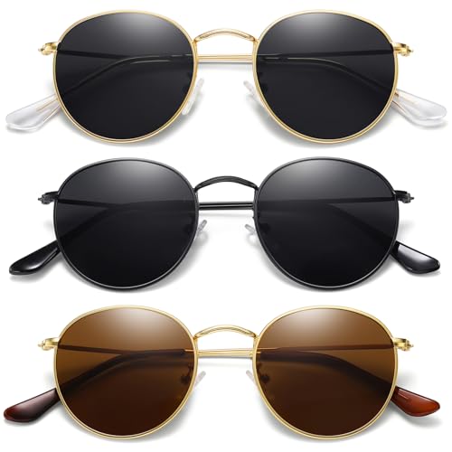 MEETSUN Round Polarized Sunglasses for Women Men Classic Retro Metal Frame Sun Glasses UV Protection - color: (3 Pack) Gold/Grey + Black/Grey + Gold/Brown