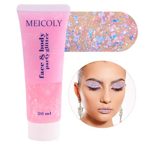 MEICOLY Chameleon Baby Pink Body Glitter,Pink Turn to Purple Face Glitter Paint,Holographic Color Changing Mermaid Face Glitter Gel for Hair,Self-Adhesive Chunky Glitter for Halloween Festival Party - color: chameleon baby pink body glitter