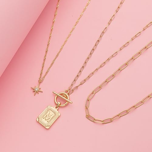 Paxuan Dainty Gold 3-Layer Personalized Initial Necklace for Women - 18K Gold Layered Letter Pendant Necklace Adjustble Paperclip Chain Choker Necklace Jewelry Gifts with Star Charm - style: Letter M