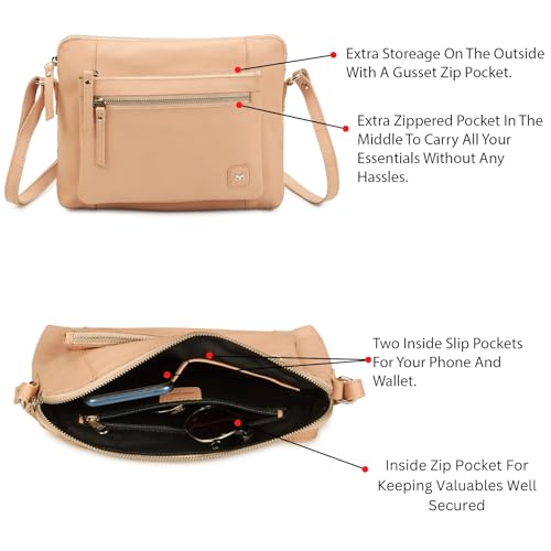 Leather Crossbody Bags for Women Small Soft Genuine Pebbled Sling Shoulder Handbag Crossover Purse with Full Adjustable Strap (Nude Nappa) - color: Nude Nappa
