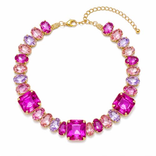 Fashionable Chunky Plated Tennis Rhinestone Statement Necklace Jewelry Set for Women Multicolor gem necklace with Great Sparkle and Shine Design for Women to Easy Match - color: fuchsia red big rhinestone
