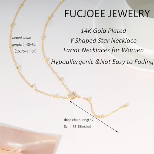 Gold Necklace for Women - Dainty Long Lariat Necklace 14K Gold Plated Clover Star Teardrop CZ Y Shaped Drop Necklaces Cute Long Necklaces for Women Trendy Prom Formal Womens Jewelry - color: Gold-Star Drop