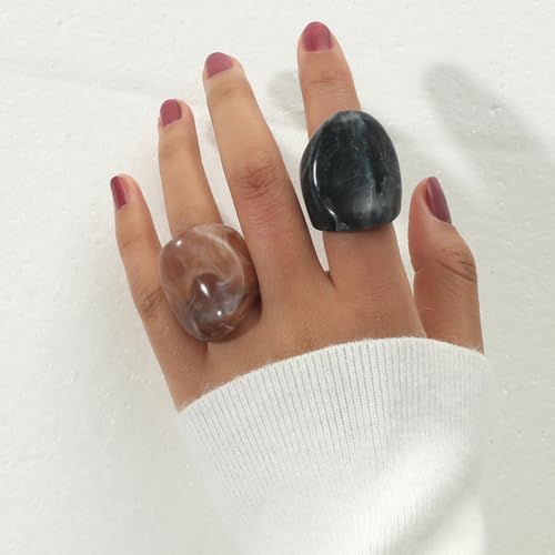 2Pcs Chunky Resin Knuckle Dome Rings Set for Women Dainty Large Y2k Acrylic Finger Nail Ring Pack Big Two Tone Plastic Statement Jewelry Gifts - color: Black