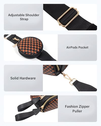 Valentoria Large Woven Leather Crossbody Bags for Women Checkered Bum Bag Sling Bag Purse Adjustable Strap Detachable Wallet | Woven - color: Black&brown Checkered