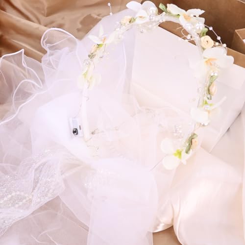 Artificial Flower Crown Headband for Women Girls – Boho Floral Wreath Halo for Weddings, Photoshoots, Festivals, Birthdays, and Costume Parties (White Flower Bowknot, Adjustable) - color: White Flower Bowknot