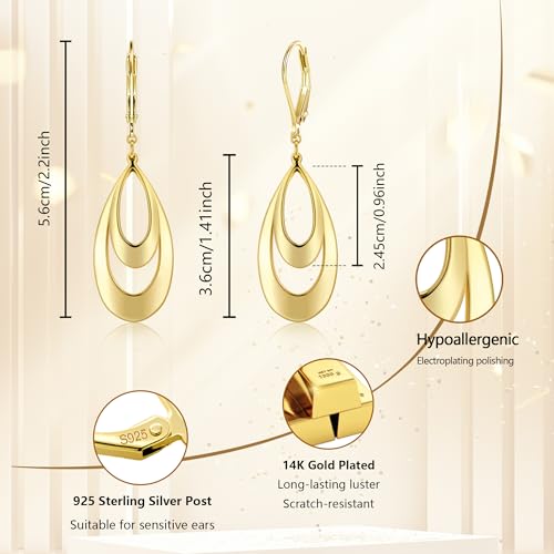 ALEXCRAFT Silver & 14K Gold Plated Teardrop Dangle Earrings Double Teardrop Leverback Dangle Earrings for Women Hypoallergenic Trendy Prom Fashion Jewelry Gifts - color: A Gold
