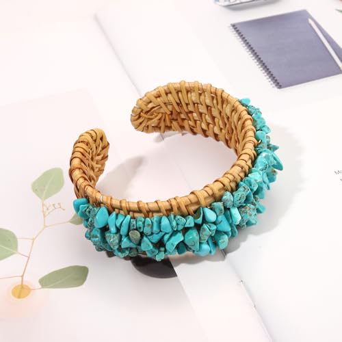 Rattan Bracelet Handmade Lightweight Straw Wicker Braid Cuff Bangle Bracelet Statement Adjustable Bohemian Rattans Woven Chunky Bracelets for Summer Wrist Jewelry - style: Z Rattan Cuff Bracelet Turquoise