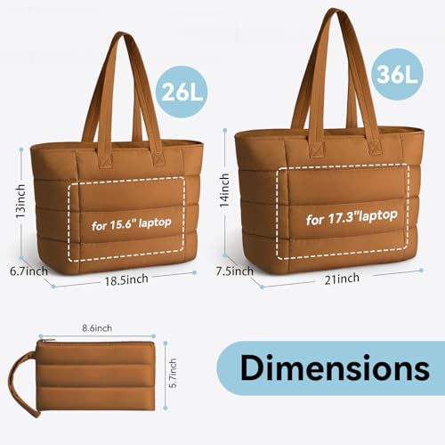 Puffer Tote Bag with Pouch, Women's Lightweight Quilted Shoulder Bag, 15.6"/17.3 Laptop Travel Weekender for Work & Nurses - color: Brown, size: Large