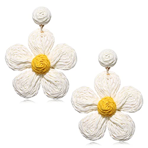 Rattan Earrings for Women Statement Boho Raffia Straw Wrapped Flower Drop Dangle Earrings Summer Tropical Beach Jewelry - color: Beige
