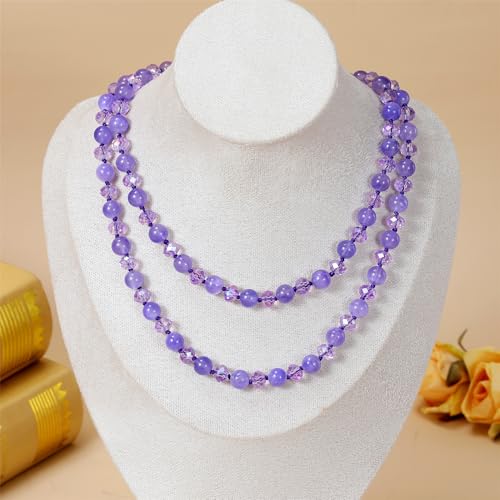 Long Beaded Necklace for Women Boho Colorful Crystal Stone Knot Statement Fashion Costume Jewelry Gifts - color: Lavender