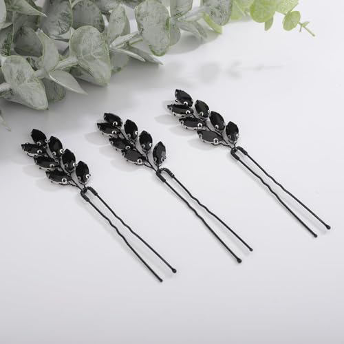 3pcs Black Rhinestones Beads Hair Pins for Women Girls Wedding Bridal Vintage Hair Styling Jewelry (Black) - color: Black