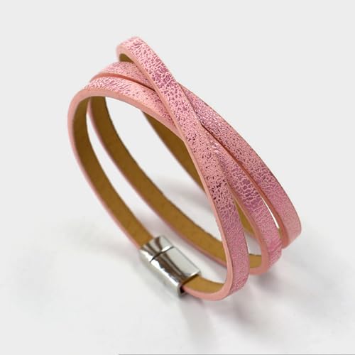 Long tiantian Leather Wrap Bracelet for Men Vintage Brown Leather Cuff Bracelet Adjustable Minimalist Western Style Wristband Casual Fashion Jewelry Gift for Him - color: pink