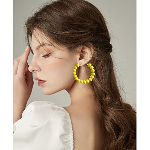 Handmade Nature Wooden Beaded Hoop Earrings Bohemian Minimalist Colorful Circle Round Wood Bead Earrings Vintage Chic Wooden Ethnic Dangle Drop Earrings for Women Statement Jewelry Gifts - color: Yellow