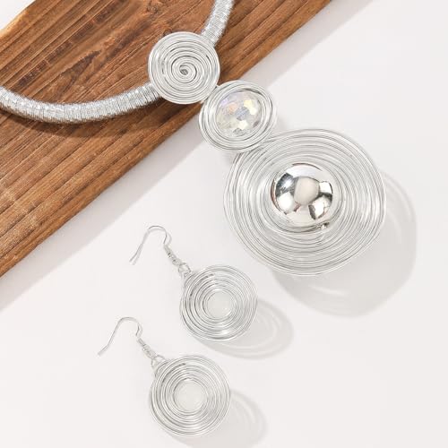 Large Spiral Pearl Rhinestone Pendant Necklace Earring Set for Women Handmade Chunky Statement Collar Choker Fashion Ethnic Tribal Wire Wrapped Adjustable Rope Chain Banquet Party Dress Jewelry - color: Silver