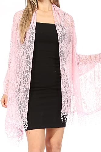 Sakkas Mari Women's Large Lightweight Soft Lace Scarf Wrap Shawl Floral and Fringe - color: Style3-pink