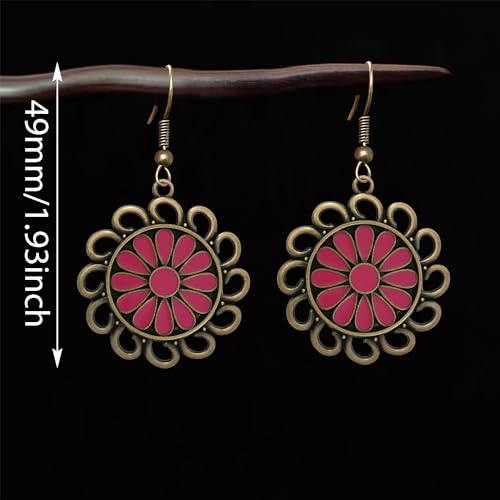 Bohemian Lightweight Vintage Copper Enamel Flower Hollow Dangle Drop Earrings Handmade Retro Circle Floral Hook Earrings For WomenJewelry Gifts - color: Rose Red