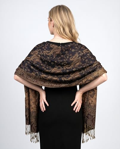 Achillea Reversible Paisley Pashmina Rave Scarf – Exotic Indian Shawls and Wraps for Evening Dresses, Festivals, All Seasons - color: Navy