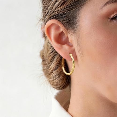 Gold Hoop Earrings for Women 14K Gold Hoop Earrings for Women 14K Gold Earring Hoops Delicate Pattern like Leaf Hoops Earring for Womens 25/30mm - size: 30mm