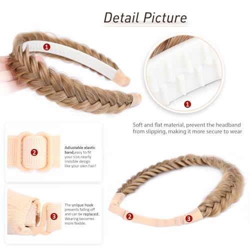 2PCs Braided Headband with teeth Handmade Messy Wide Synthetic Hair Elastic Stretch Fluffy Hairpiece for Brides (Golden Blonde) - color: Golden Blonde