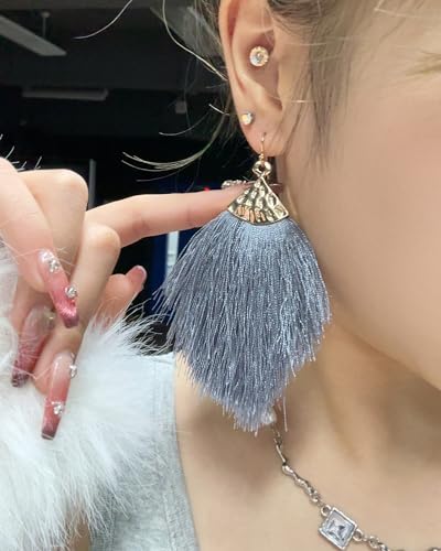 Earrings for Women Colorful Layered Leaf Earrings Bohemian Dangle Drop Tassel Silver Earrings Women Gifts - style: Gray