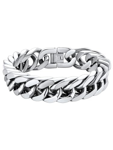 ChainsHouse Stainless Steel Cuban Link Bracelet, 8mm/12mm/17mm Width, 7.5"/8.3"/9", 18K Gold Plated Chain Wrist Bracelets for Men Women, Send Gift Box - color: C: Steel-17mm width