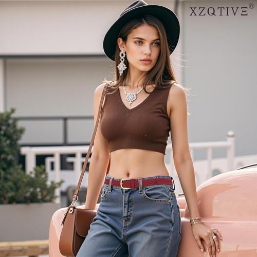 XZQTIVE Women’s Braided Suede Belt – Adjustable Woven Waist Belt with Gold Buckle for Dresses, Jeans & Casual Outfits - color: Burgundy, size: Small: fits waist from 28"-33"