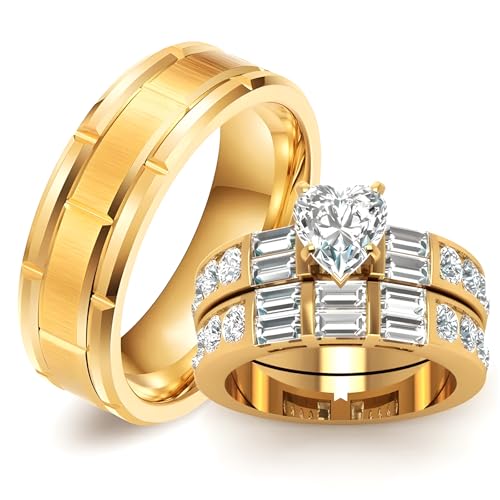 3Pcs Moissanite Wedding Rings Sets for Couples, s925 10K 14K 18K Real Gold Wedding Rings Sets for Him and Her, Customized Matching Engagement Bands Set for Men and Women Free Engraving - style: Style-7