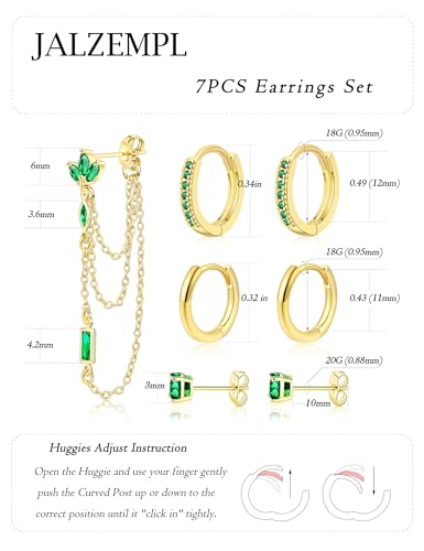 7Pcs Earring Stacks Cartilage Helix Flat Back Hoop Set For Women Stud Small Huggie Chain Multiple Piercing 14K Gold Plated Jewelry Triple Cubic Zirconia - color: 14K Gold Plated (Emerald), size: Butterfly