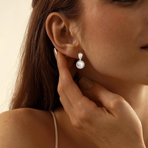Pearl Earrings for Women, Dainty Wedding Bridal Earrings 14k Gold Plated CZ Pearl Drop Earrings for Women Trendy Hypoallergenic Unique Gold Drop Earrings Fashion Prom Jewelry - color: Silver-A