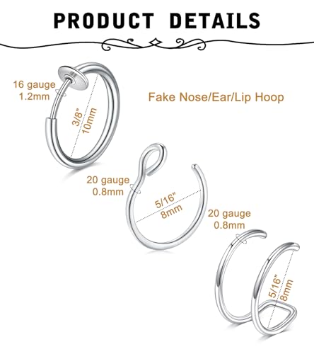 MODRSA Fake Nose Stud Fake Nose Ring Stud Fake Nose Piercing Fake Lip Ring Fake Earrings Stud Silver Gold Fake Cartilage Helix Earring Clip on Earring Hoop Fake Eyebrow Ring Fake Bridge Piercing - color: C2-hoops- silver black