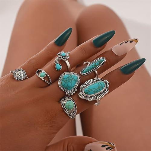Bohemian Joint Knuckle Rings Set for Women,Vintage Boho Turquoise Stackable Rings Chunky Retro Turquoise Midi Finger Ring Statement Western Jewelry - style: Style E