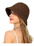 Womens Sun Hat Handmade Straw Bucket UV Protection Travel Summer Beach Cap - color: Coffee