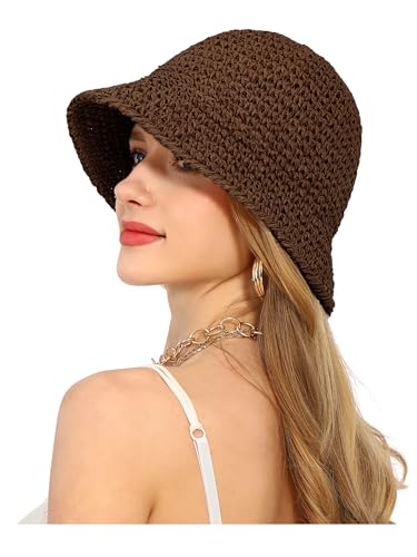 Womens Sun Hat Handmade Straw Bucket UV Protection Travel Summer Beach Cap - color: Coffee
