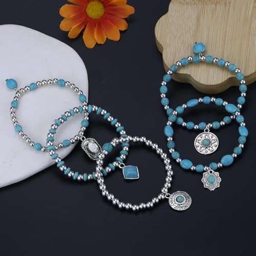 Western Outfit for Women Bohemian Vintage Stackable Turquoise Bracelet Rustic Beaded Cow Head Charm Stretch Bracelet Western Jewelry Country Concert Outfits for Women - style: Style1