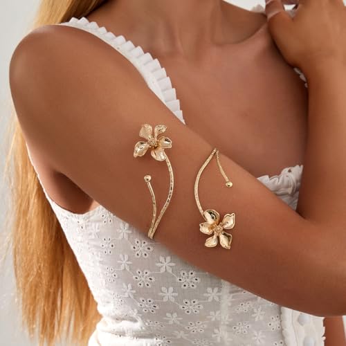 Arm Cuff for Women Gold Upper Arm Bracelet Minimalist Adjustable Cuffs Bangle Punk Dress Jewelry - style: Flower D