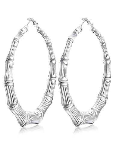 KeyStyle Bamboo Hoop Earrings for Women, Stainless Steel 90s Hoops Earring Lightweight Loops for Party, 2 mm Thick Hypoallergenic Vintage Circle Endless Thin Hoop (40mm, 60mm, 80mm,) - color: Stainless Steel-80mm