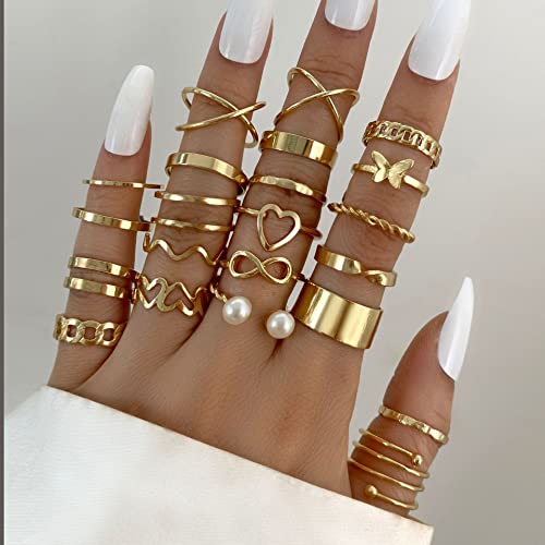 Knuckle Stackable Black Rings for Women Black Stacking Ring Set Vintage Boho Ring Set Butterfly Heart Pearl Rhinestone Stackable Statement Rings for Women - color: 22PCS gold 2