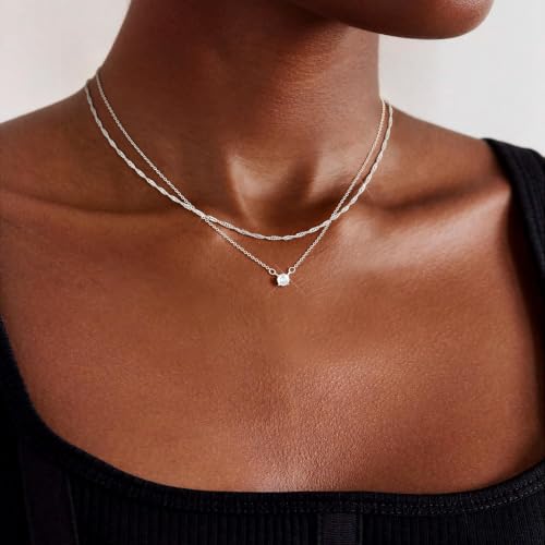 Layered Gold Necklace for Women Trendy 14K Gold Plated Heart CZ Pendant Layered Gold Necklaces Set Coin Choker Necklaces Simple Circle Cubic Zirconia Pearl Necklace Stack Herringbone Paperclip Chain Jewelry Set - style: 2PCS-Dotchain zircon-SL