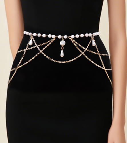 MODRSA Silver Gold Belt Chain Belt for Women Fashion Plus Size Pearl Waist Chains Metal Layered Gold Belts Chains no Tarnish Trendy Pirate Belly Belts for Women Dress Sun Moon Star Waist Jewelry - color: A1- Pearl - gold