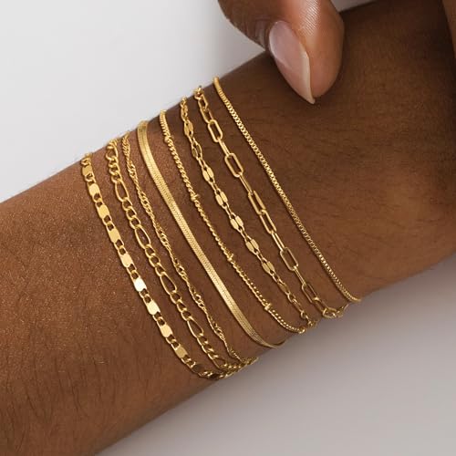 Tewiky Waterproof Gold Bracelets for Women Non Tarnish - Dainty Stack 14K Gold Plated/Sterling Silver Chain Bracelets Set Adjustable Trendy Jewelry for Women - style: Style D