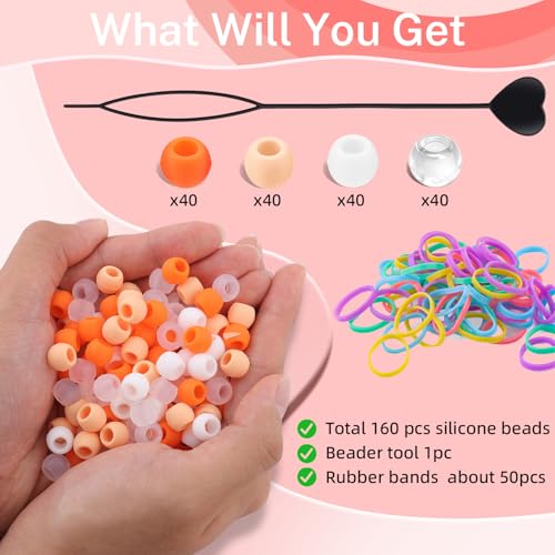 160Pcs 10mm Small Silicone Beads for Hair Braids, Soft Jellyish Pony Hair Beads with 5mm Hole + 50 Rubber Bands and 1 Beader for Braiding, DIY Bracelets Necklaces Crafts (Orange) - color: Orange Mix-160Pcs