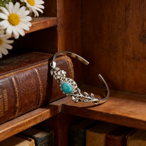 Genuine Turquoise Bracelet Cuff Bracelet for Women Mom 925 Sterling Silver Natural Turquoise Bangles Vintage Bracelet Boho Jewelry for Birthday Christmas Mother's Day Valentine's Day - style: Flower