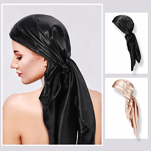 SATINIOR 35 Inch Silky Head Scarf 2 Pcs Large Square Neck Scarf Sleeping Hair Wrapping Satin Bandana for Women - color: Black, Camel, style: Classic