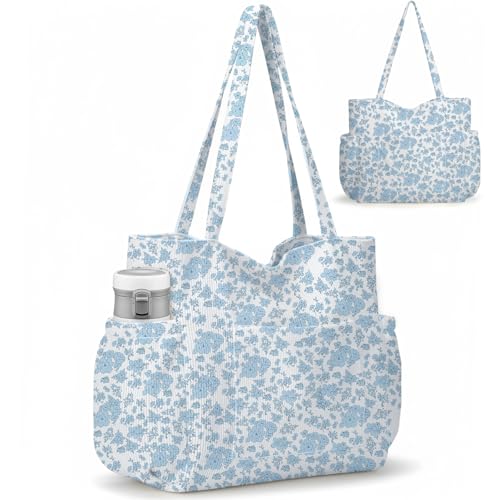 Corduroy Tote Bag for Women,Large Capacity Cute Tote Bags With 6 Pockets,Crossbody Shoulder Handbag for Work Travel Gym - color: Blue Flowers
