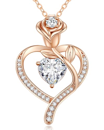 LOUISA SECRET Rose Flower Heart Birthstone Necklaces for Women, 925 Sterling Silver Jewelry, Pendant Heart Necklaces Birthday Anniversary Christmas Gift for Women Wife Mom Girlfriend Lady - color: Rose Gold-04-Apr