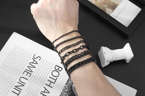 XIANNVXI 6pcs Bracelets for Men Gifts for Him Stainless Steel Bracelet Silver/Gold/Black Cuban Link Rope Paperclip Chain Bracelets Set 6.5/7/7.5/8.3/9 Inches Metal Bracelet Mens Fashion Accessories Jewelry Gifts Set - color: Black, size: 7 in-Women Small